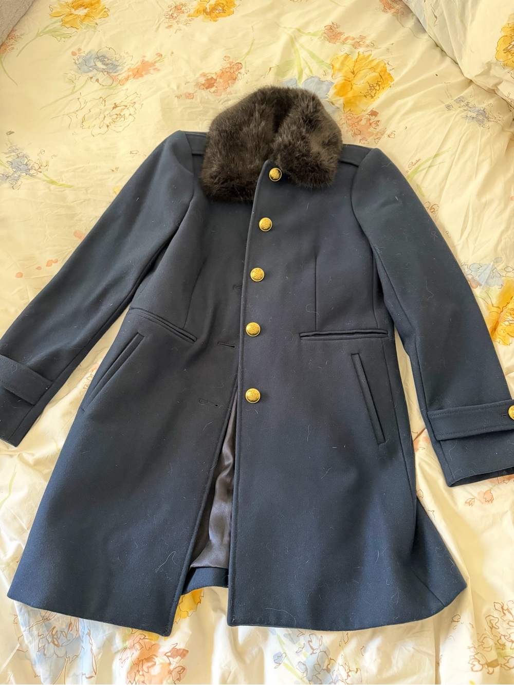 J. Crew Navy Coat with Dark Fur Collar